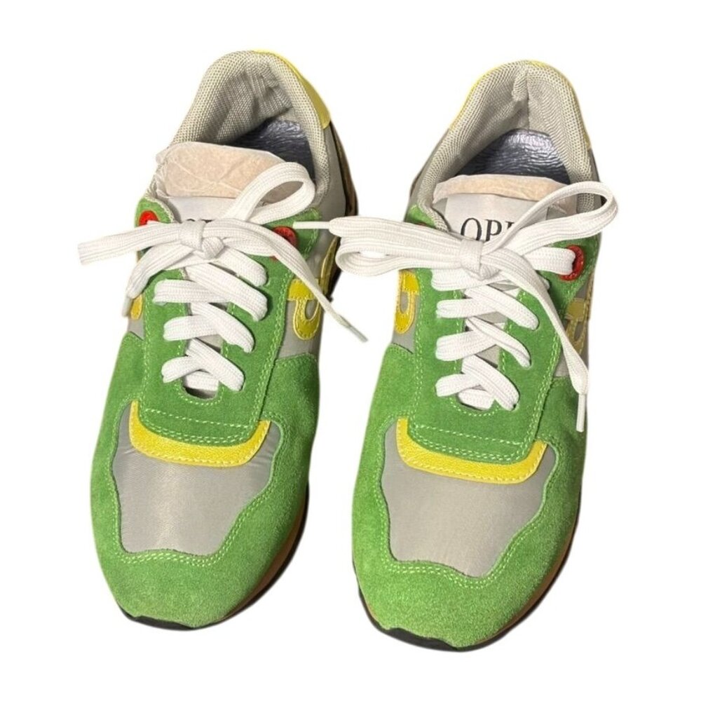 Vintage-Inspired OPP Green & Yellow Suede Running Shoes With White Laces - Picture 1 of 15